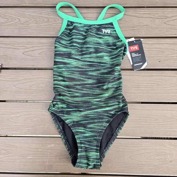 TYR Duralast Fizzy Green/black DiamondFit 1 Pc Swim, Girls Youth  Sz 24 ,NEW - Picture 1 of 3